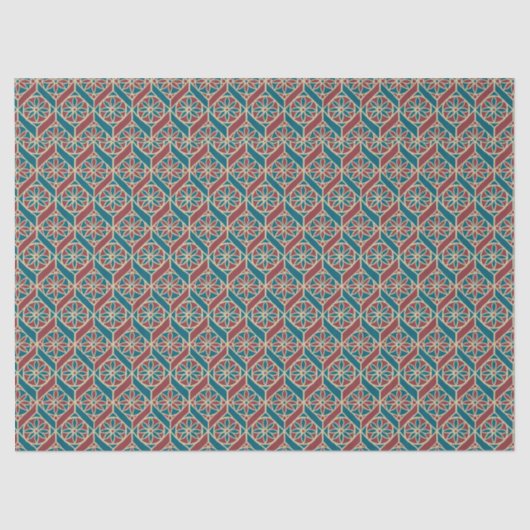 Papier Mousseline Maroon, Motif ethnique Turquoise, Fleurs, Chevrons (Recto)