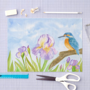 Papier Mousseline Martin-pêcheur à l'aquarelle avec iris violets 