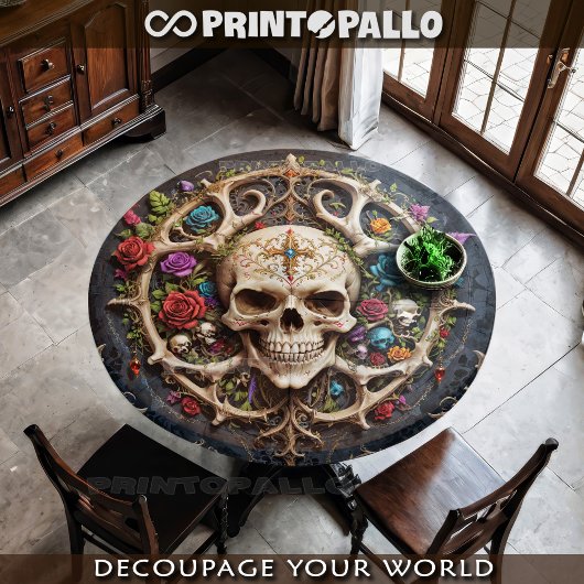 Papier Mousseline Médaillon d'os pirate avec crâne et fleurs