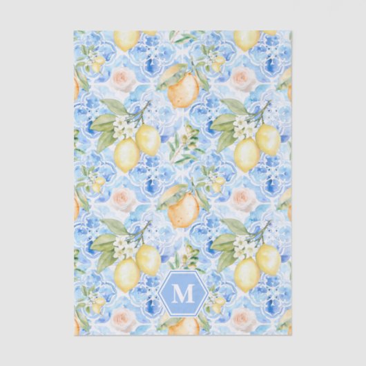 Papier Mousseline Mediterranean Blue Tile Limoncello Monogram Name (Recto)