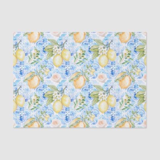 Papier Mousseline Mediterranean Blue Tile Yellow Lemon Watercolor (Recto)