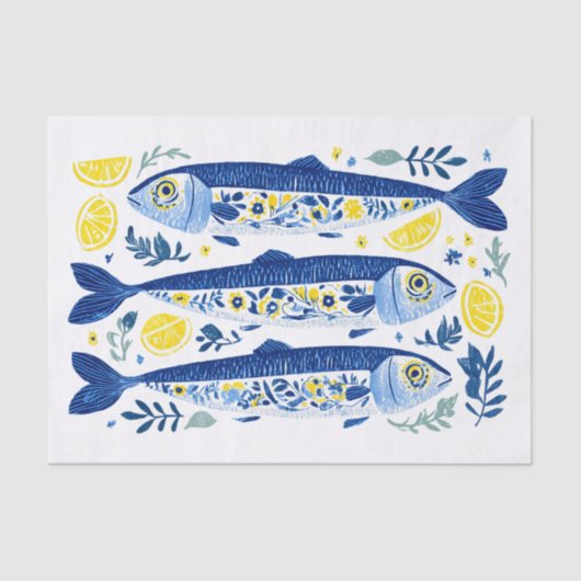 Papier Mousseline Mediterranean Summer Blue and Yellow Sardines (Recto)
