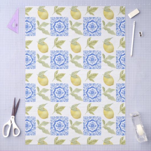 Papier Mousseline Mediterrenean Citrus Lemon pattern (Artisanat)