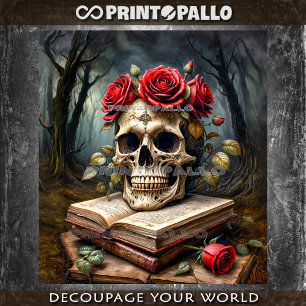 Papier Mousseline Memento mori : crâne, fleurs de rose et livres 