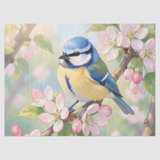 Papier Mousseline Mésange bleue sur découpage printanier de pommier