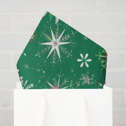 Papier Mousseline Mid-Century Snowflakes Galore On Green (Sac cadeau)