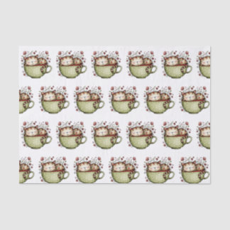 Papier Mousseline Mignon Chat Endormi Tasse Points Floraux