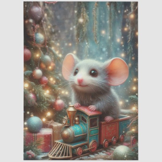 Papier Mousseline Mignonne Noël Souris Train Ride Decoupage (Recto)