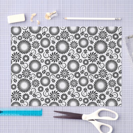 Papier Mousseline Minimalist Black White Retro Spiral Flower Pattern (Artisanat)