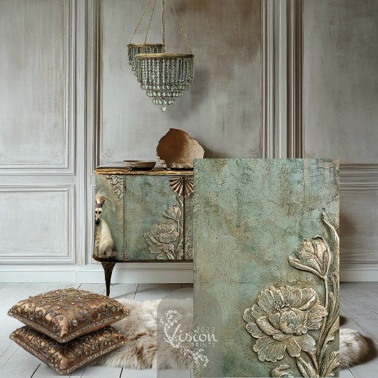 Papier Mousseline Mint Sage Allure Nouveau Floral Patina