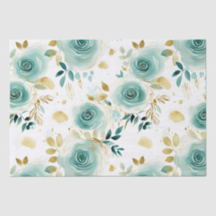 Papier Mousseline Mint Vert Blanc or Rose Floral