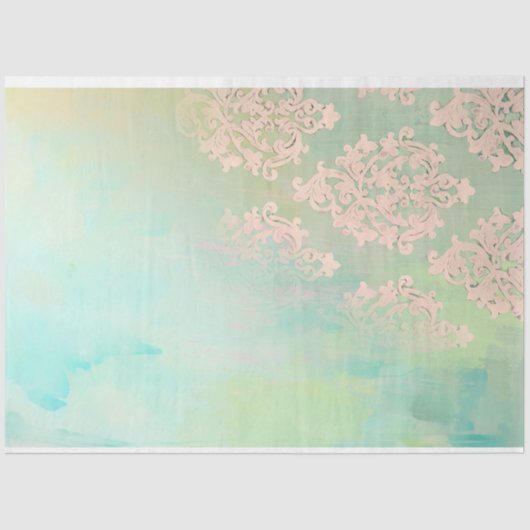 Papier Mousseline Mint vert et Persimmon rose Patiné Damask (Recto)