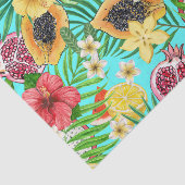 Papier Mousseline Mix-fruit tropical, fleurs et feuilles en bleu (Détail)