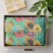 Papier Mousseline Mix-fruit tropical, fleurs et feuilles en bleu (Cadeau)