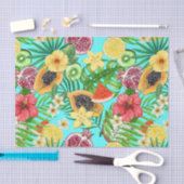 Papier Mousseline Mix-fruit tropical, fleurs et feuilles en bleu (Artisanat)