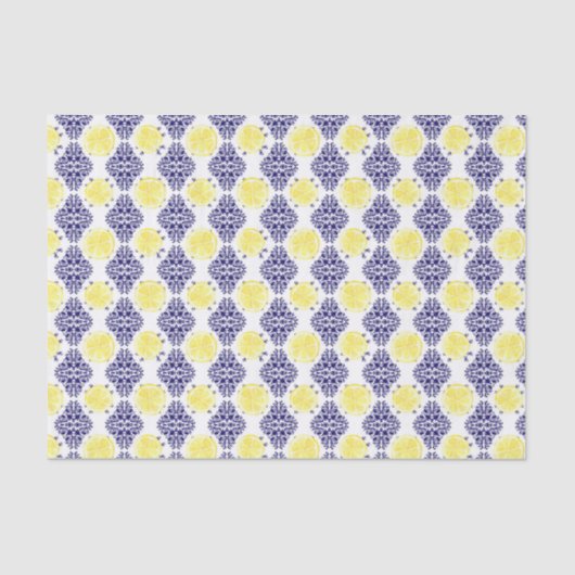 Papier Mousseline Modèle de Damas de lémon blanc et marine (Recto)