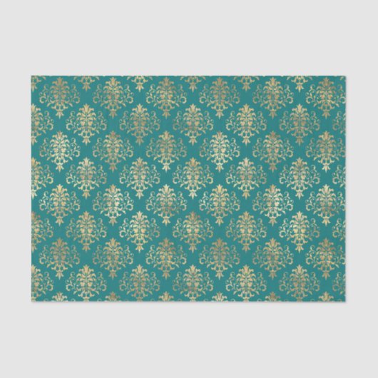 Papier Mousseline Modèle de Damas turquoise et Gold Foil (Recto)