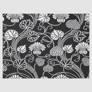 Papier Mousseline Modèle floral antique noir sur blanc