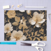 Papier Mousseline Modèle Floral Or Et Blanc Sur Noir (Artisanat)