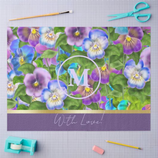 Papier Mousseline Monogramme Anniversaire Pansy Violet Fleurs Aquare (Artisanat)