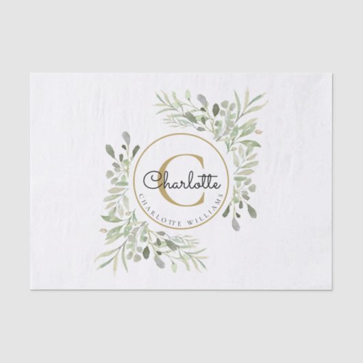 Papier Mousseline Monogramme de nom de verdure d'aquarelle élégante (Recto)