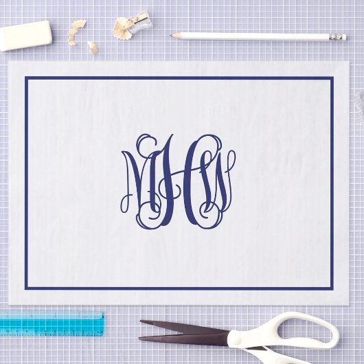 Papier Mousseline Monogramme initial à 3 vignes de Navy en script DI