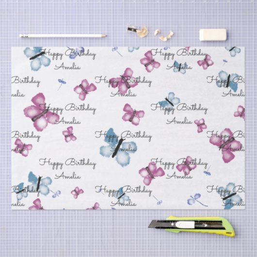 Papier Mousseline Monogramme Papillon rose et bleu (Artisanat)