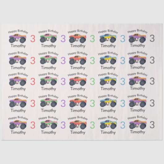 Papier Mousseline Monster Trucks Nom et âge du garçon Anniversaire (Recto)