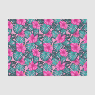 Papier Mousseline Monstera feuilles et Hibiscus Turquoise et rose su