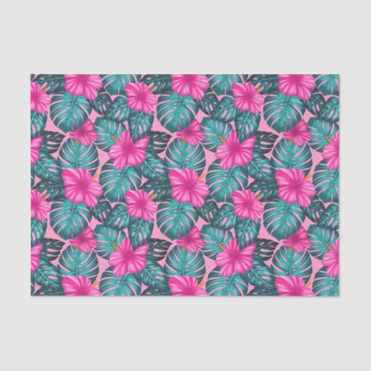 Papier Mousseline Monstera feuilles et Hibiscus Turquoise et rose su (Recto)