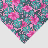 Papier Mousseline Monstera feuilles et Hibiscus Turquoise et rose su (Détail)