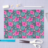 Papier Mousseline Monstera feuilles et Hibiscus Turquoise et rose su (Artisanat)