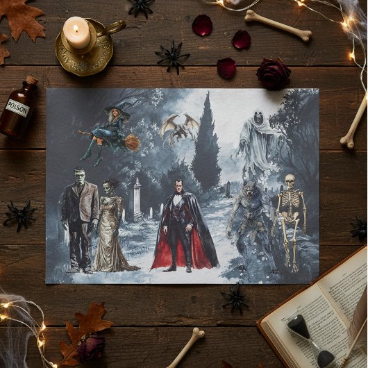 Papier Mousseline Monstres Classiques d'Halloween Aquarelle