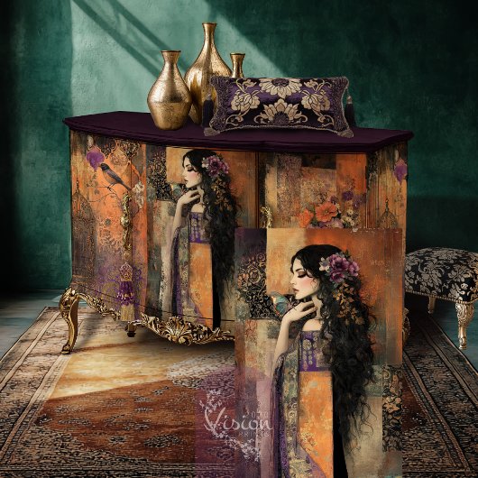 Papier Mousseline Moody Boho Girl in a Kimono Patchwork Art