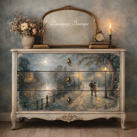 Papier Mousseline Moonlit Couple Walking Riverside Path Decoupage