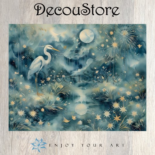Papier Mousseline Moonlit Heron – Dreamy Nature Scene Decoupage