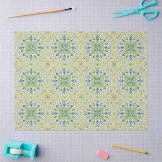 Papier Mousseline Morris Yellow Turquoise Vine & Flower Pattern (Artisanat)