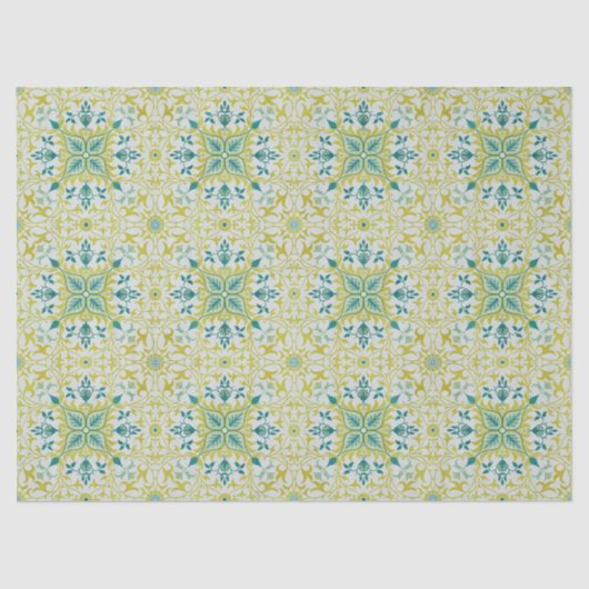 Papier Mousseline Morris Yellow Turquoise Vine & Flower Pattern (Recto)