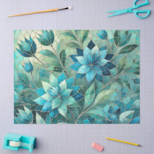 Papier Mousseline Mosaic Blue Teal Floral Pattern Decoupage (Artisanat)