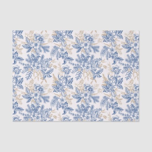 Papier Mousseline Motif à fleurs Vintage d'hiver bleu (Recto)