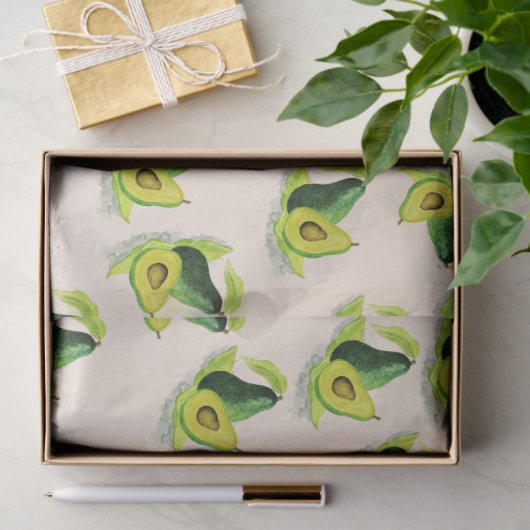 Papier Mousseline Motif Aquarelle Avocados Vert (Cadeau)