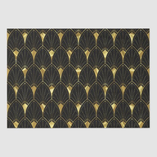 Papier Mousseline Motif Art déco Or brillant sur noir (Recto)