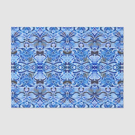 Papier Mousseline Motif Batik tribal en Indigo bleu et blanc (Recto)