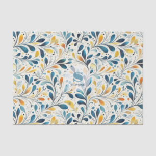 Papier Mousseline Motif bleu et or Paisley Leaf (2)
