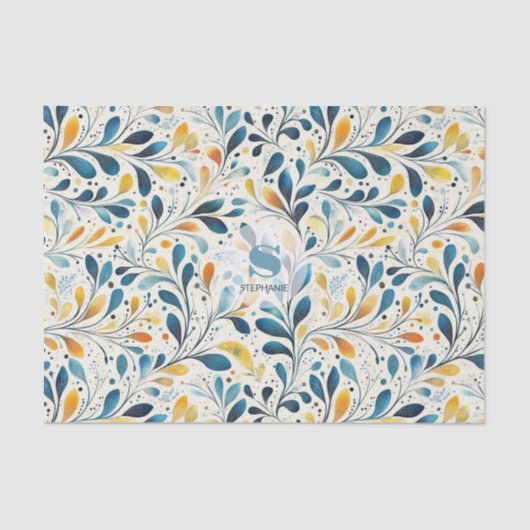 Papier Mousseline Motif bleu et or Paisley Leaf (2) (Recto)