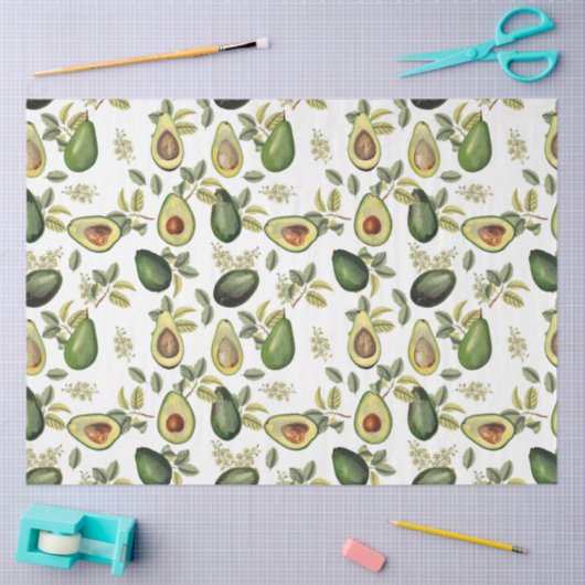 Papier Mousseline Motif botanique Aquarelle Avocado (Artisanat)