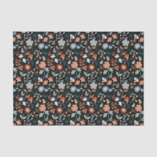 Papier Mousseline Motif botanique bleu orange noir