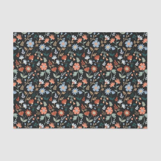 Papier Mousseline Motif botanique bleu orange noir (Recto)