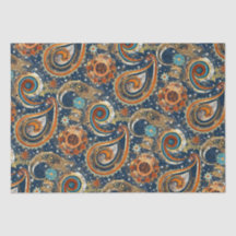 Motif Celestial Paisley Marine Bleu, Orange, Or