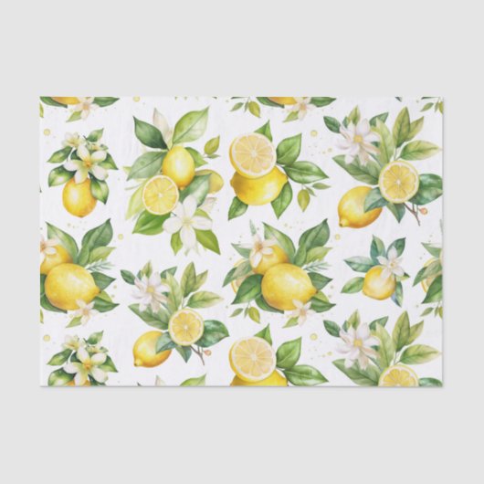 Papier Mousseline Motif citron, Fleurs de citron, Feuilles, Citrus (Recto)